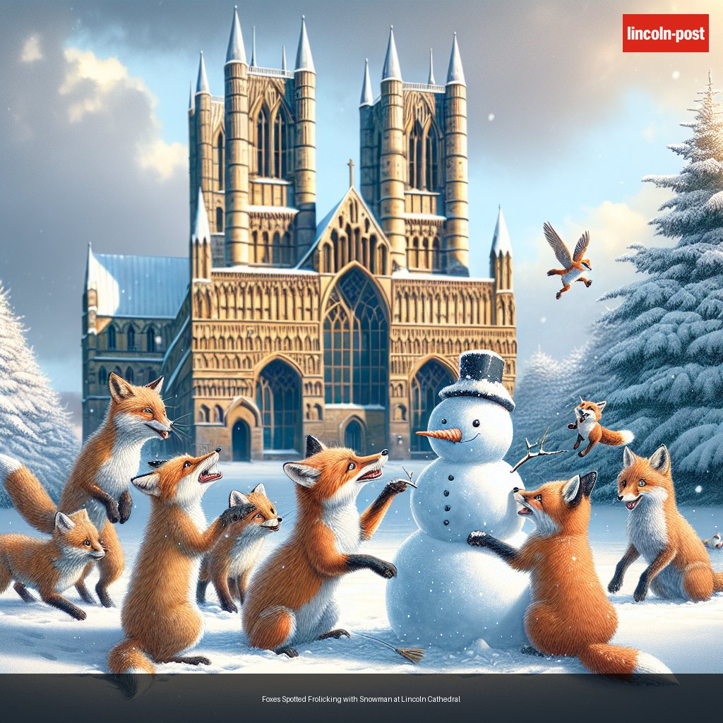 Foxes Spotted Frolicking with Snowman at Lincoln Cathedral