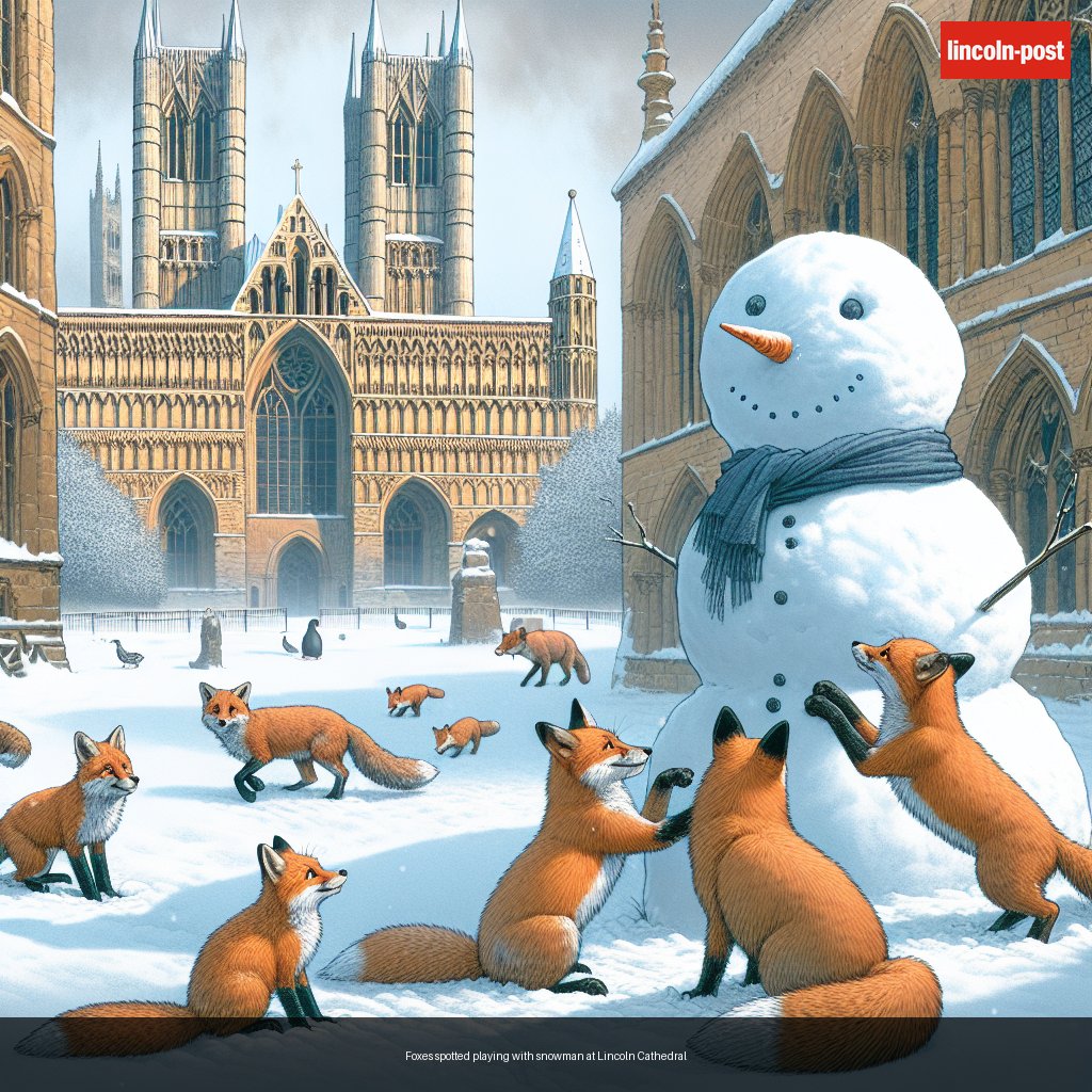 Foxes spotted playing with snowman at Lincoln Cathedral