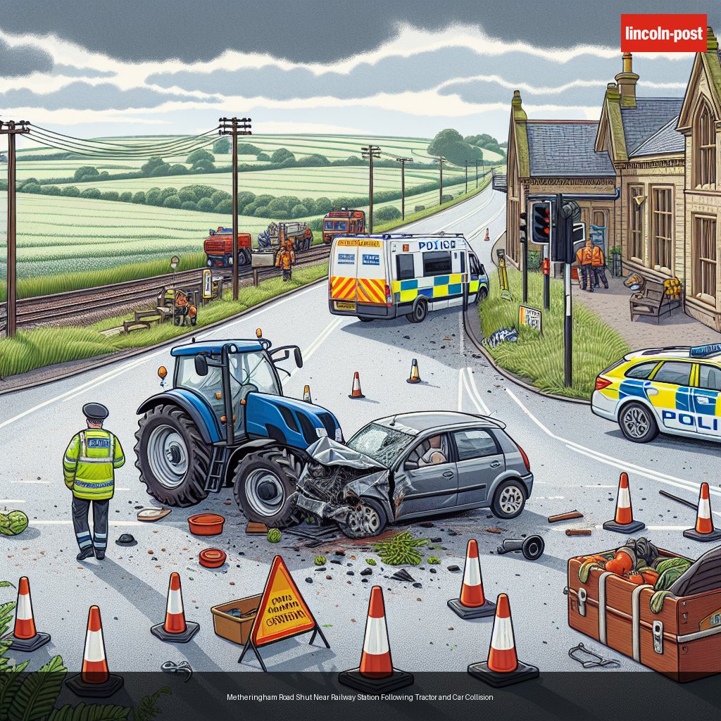 Metheringham Road Shut Near Railway Station Following Tractor and Car Collision